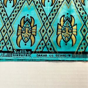 Vintage Sotiba Simpafric Dakar Senegal Fabric - 1 yard 6.5” Teal Gold Mask